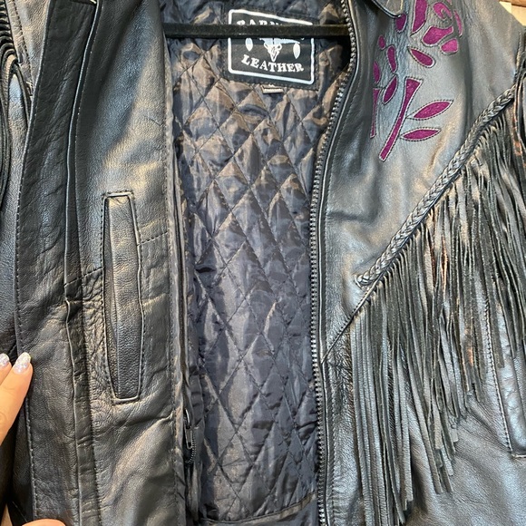 Purple and black Barney’s Leather fringe jacket only - Picture 2 of 5